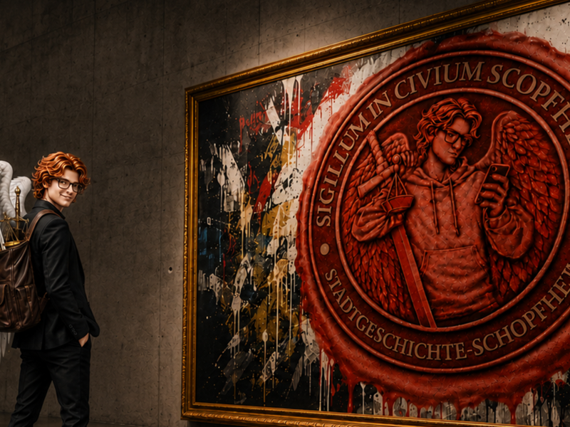 Stadtpatron Michael. Eine Person mit Engelsflügeln und einem Rucksack betrachtet ein großes, kunstvoll gerahmtes Gemälde mit lateinischem Text und einem Engelmotiv in einer Galerie. KI-generiert