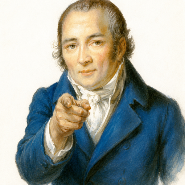 Johann Peter Hebel: Ein Mann in einem blauen Anzug zeigt mit dem Finger auf den Betrachter. | © Stadt Schopfheim