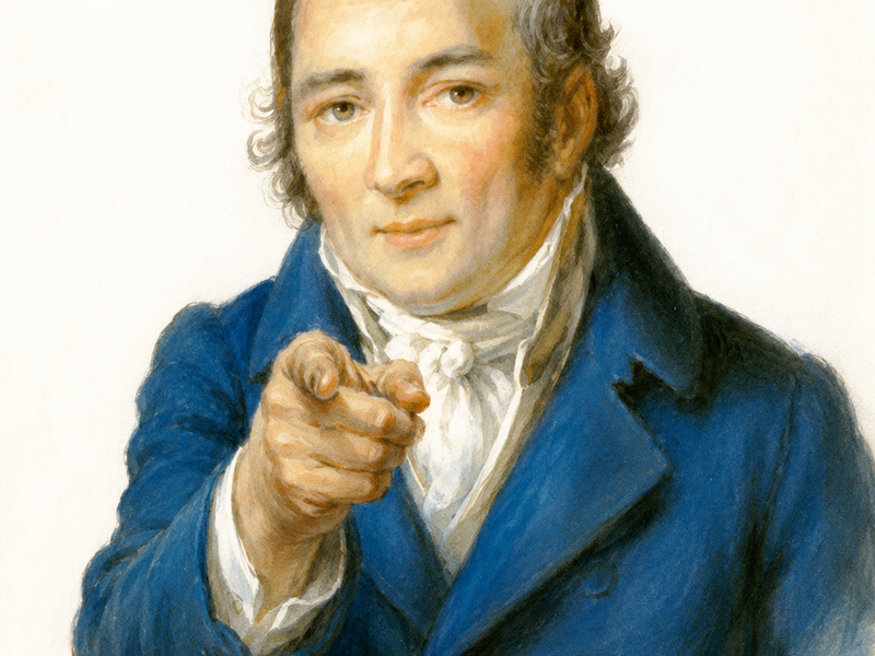 Johann Peter Hebel: Ein Mann in einem blauen Anzug zeigt mit dem Finger auf den Betrachter.