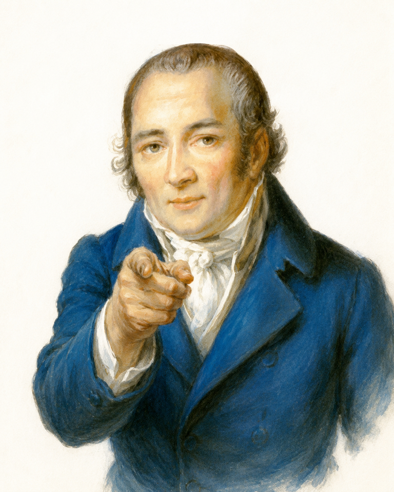 Johann Peter Hebel: Ein Mann in einem blauen Anzug zeigt mit dem Finger auf den Betrachter. Johann Peter Hebel: Ein Mann in einem blauen Anzug zeigt mit dem Finger auf den Betrachter.