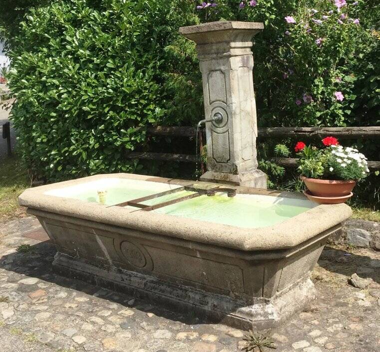 Dorfbrunnen in Enkenstein. Ein steinerner Brunnen mit rechteckigem Wasserbecken und Wasserhahn steht im Freien, umgeben von Pflanzen, mit einem Topf voller roter und weißer Blumen daneben.