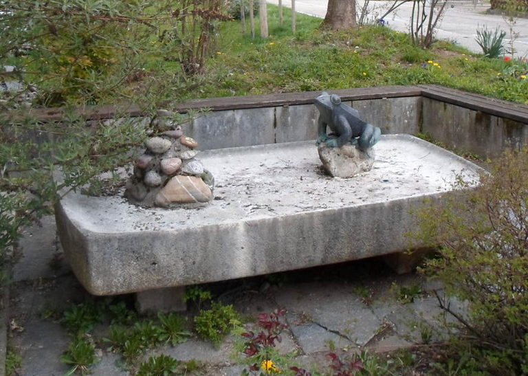 Froschbrunnen in Fahrnau: Eine steinerne rechteckige Plattform in einem Garten, auf der ein Frosch auf einem kleinen Felsen und ein Haufen Steine auf der gegenüberliegenden Seite platziert sind.