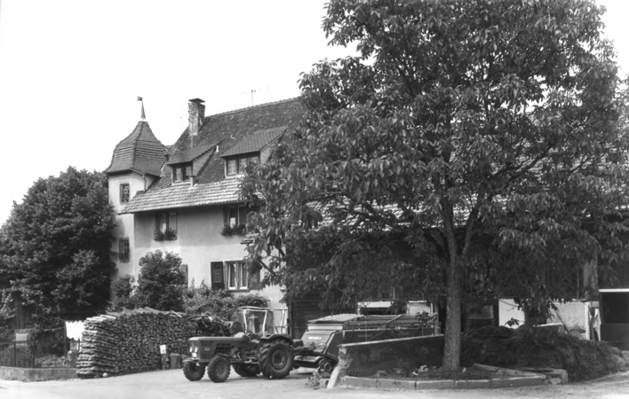 Ein Fachwerkhaus mit charakteristischem Turm und Schrägdach steht neben einem Baum, während im Vordergrund ein Traktor und gestapeltes Holz zu sehen sind.