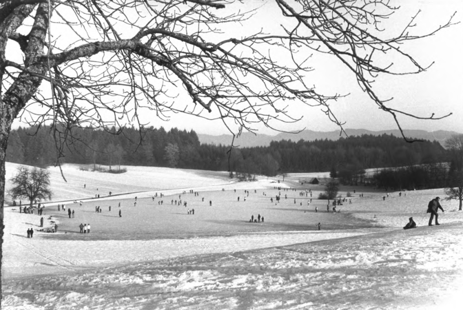 Foto von Ingrid Schubert: Eichen 1983. Eine verschneite Landschaft mit vielen Menschen, die auf einem zugefrorenen See Schlittschuh laufen, während im Vordergrund ein kahler Baum zu sehen ist.
