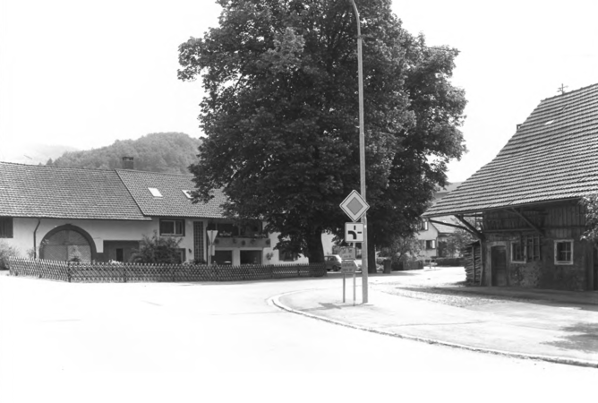 Foto von Ingrid Schubert: Enkenstein 1983. Eine ländliche Straßenecke mit einem großen Baum und traditionellen Häusern im Hintergrund.