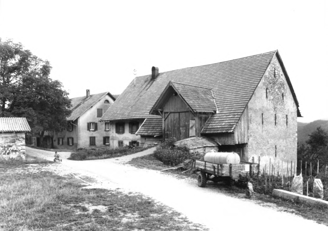 Foto von Ingrid Schubert: Gersbach 1983. Ein ländlicher Bauernhof mit mehreren Gebäuden, einem Schuppen und einem Anhänger auf einem Weg, umgeben von Bäumen und einem offenen Feld.