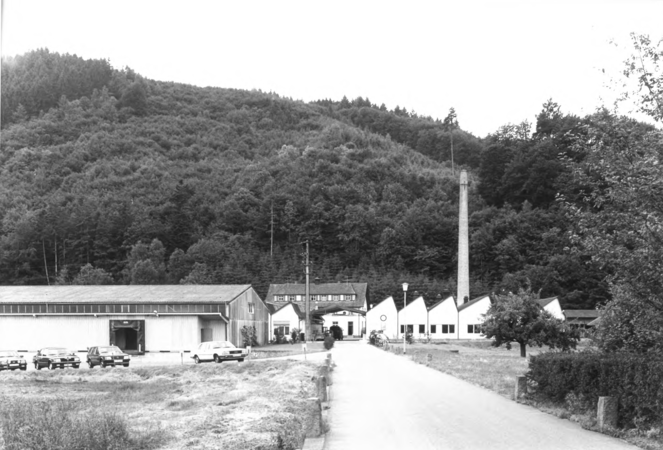 Foto von Ingrid Schubert: Langenau 1983. Eine Ansammlung von industriellen Gebäuden mit einem hohen Schornstein, umgeben von einem bewaldeten Hügel im Hintergrund.
