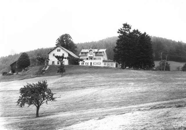 Foto von Ingrid Schubert: Schweigmatt 1983. Das Bild zeigt ein ländliches Anwesen mit mehreren Gebäuden auf einer Anhöhe, umgeben von Bäumen und einer offenen Wiese im Vordergrund.