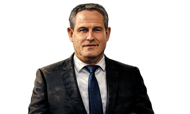 Bürgermeister Dirk Harscher. Eine Person in einem Anzug und Krawatte steht vor einem weißen Hintergrund. KI-bearbeitet