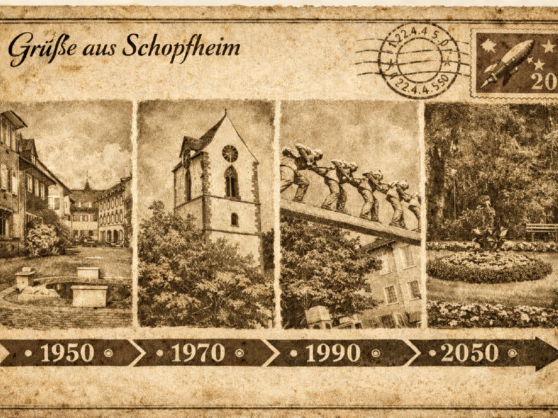 Eine beige Postkarte aus Schopfheim zeigt vier Bilder mit Jahreszahlen von 1950 bis 2050, darunter eine historische Stadtansicht, eine Kirche, eine Skulpturengruppe und einen futuristischen Garten, jeweils durch Pfeile verbunden, mit einem Raketenbriefmarkenmotiv und einem gestempelten Poststempel.