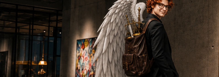 Stadtpatron Michael. Eine Person mit Engelsflügeln und einem Rucksack steht in einer modern beleuchteten Galerie. KI-generiert