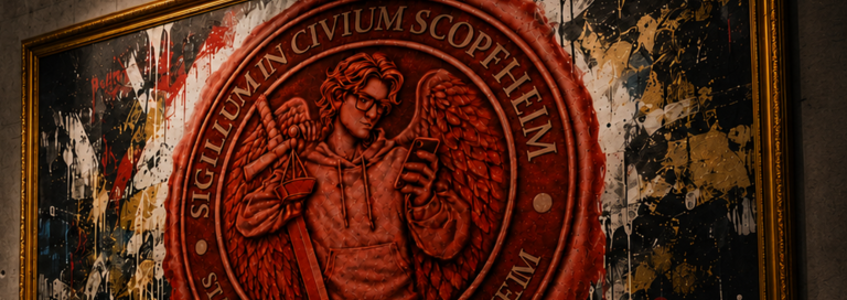 Bildausschnitt. Das Bild zeigt ein kunstvoll gestaltetes, gemaltes Wappen mit einem Flügelwesen, das ein Smartphone hält und von einem roten Kreis mit dem Schriftzug "Sigillum Incivium Scopfheim Stadtgeschichte Schopfheim" umgeben ist. KI-generiert