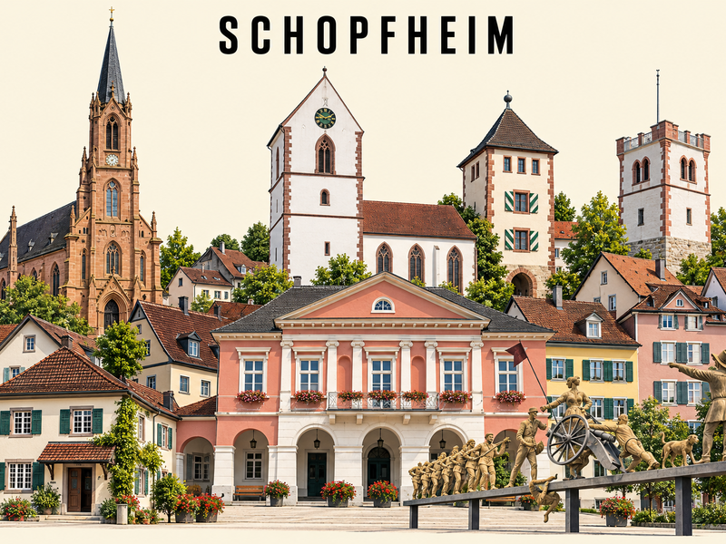 Eine malerische Stadtansicht von Schopfheim mit historischer Architektur, dazu gehören eine Kirche, bunte Fachwerkhäuser und ein detailreiches Denkmal im Vordergrund.