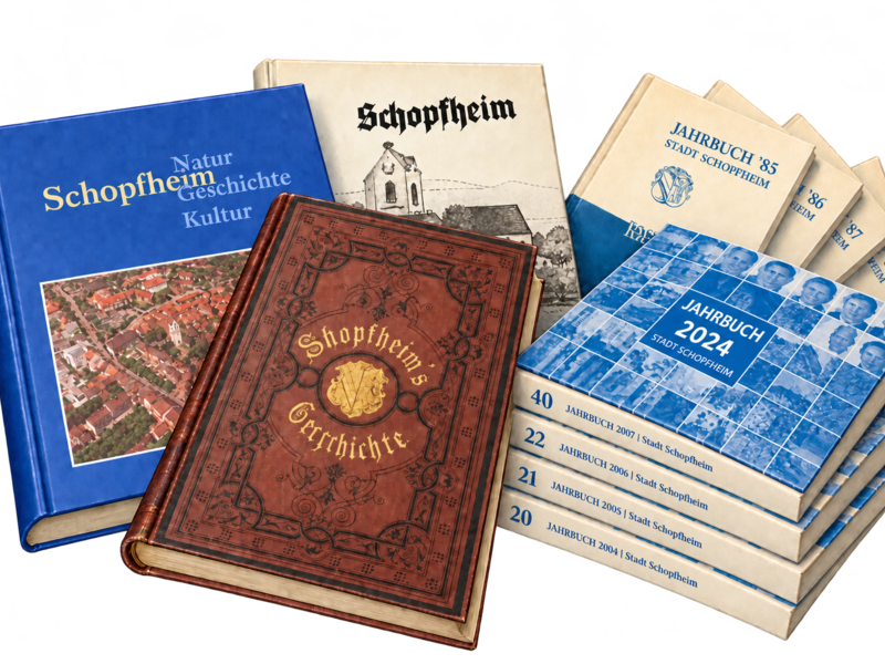 Mehrere Bücher liegen gestapelt und nebeneinander, darunter Jahrbücher der Stadt Schopfheim und Bücher zur Geschichte und Kultur der Stadt.